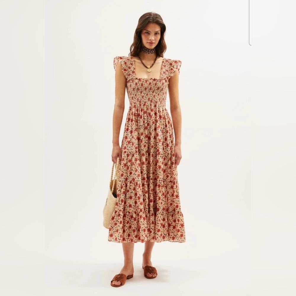 RIXO Kendall Cotton MIDI Dress In Eva Cream Floral L